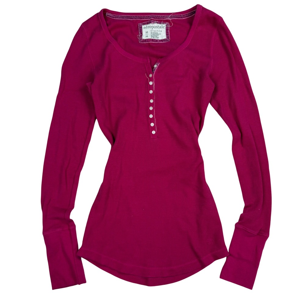 VTG Y2K Aeropostale Magenta Pink Waffle Knit Henley Top Long Sleeve Fitted Sz M